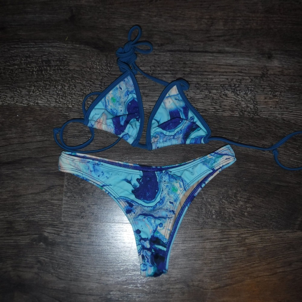 FJ‎ Swim Bikinis Triangle Bikini Set Marble Print Swimsuit Small